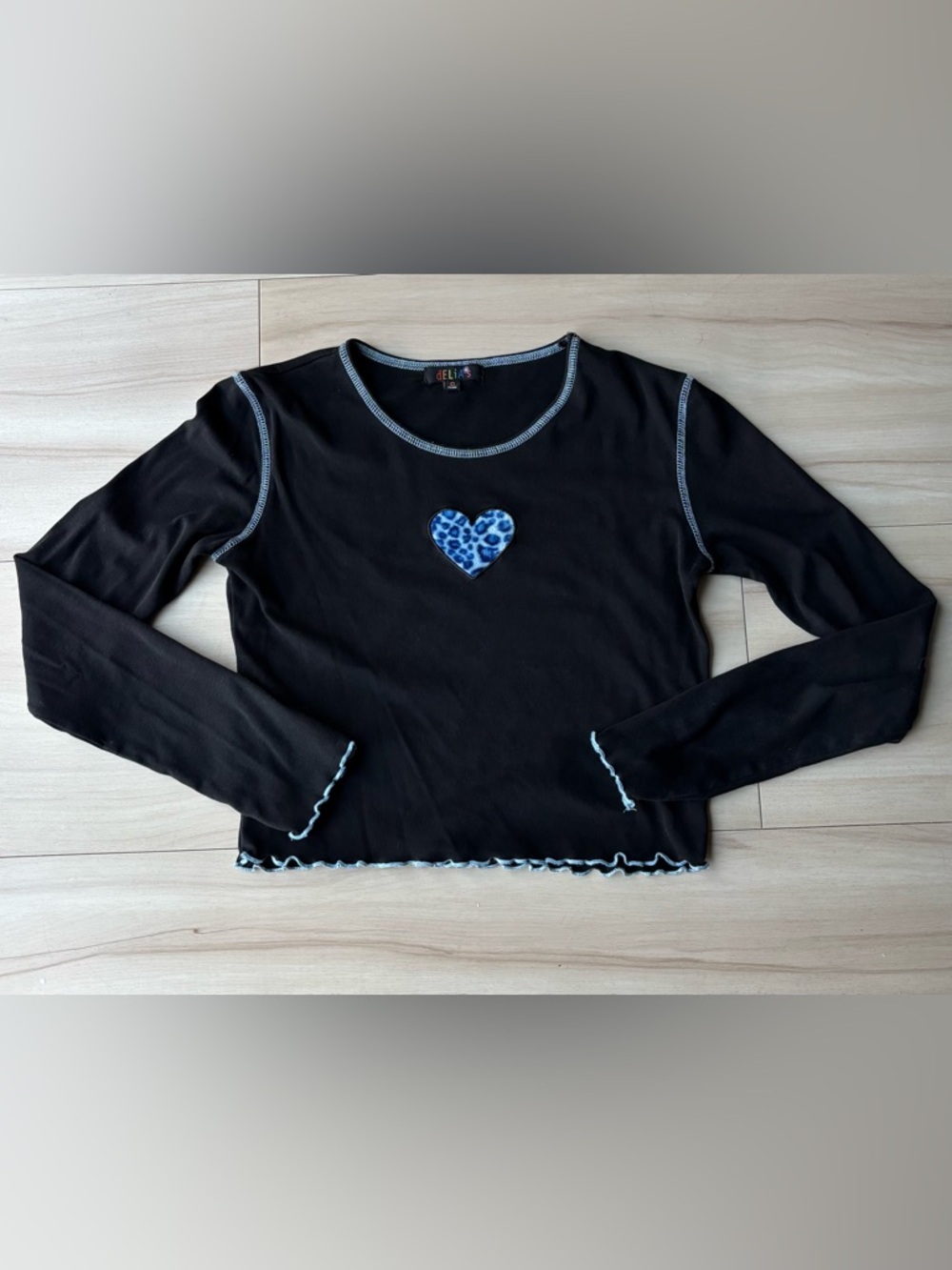 dELiA*s Deadstock Black Long Sleeve Tee w/ Blue Leopard Heart & Blue Trim - S